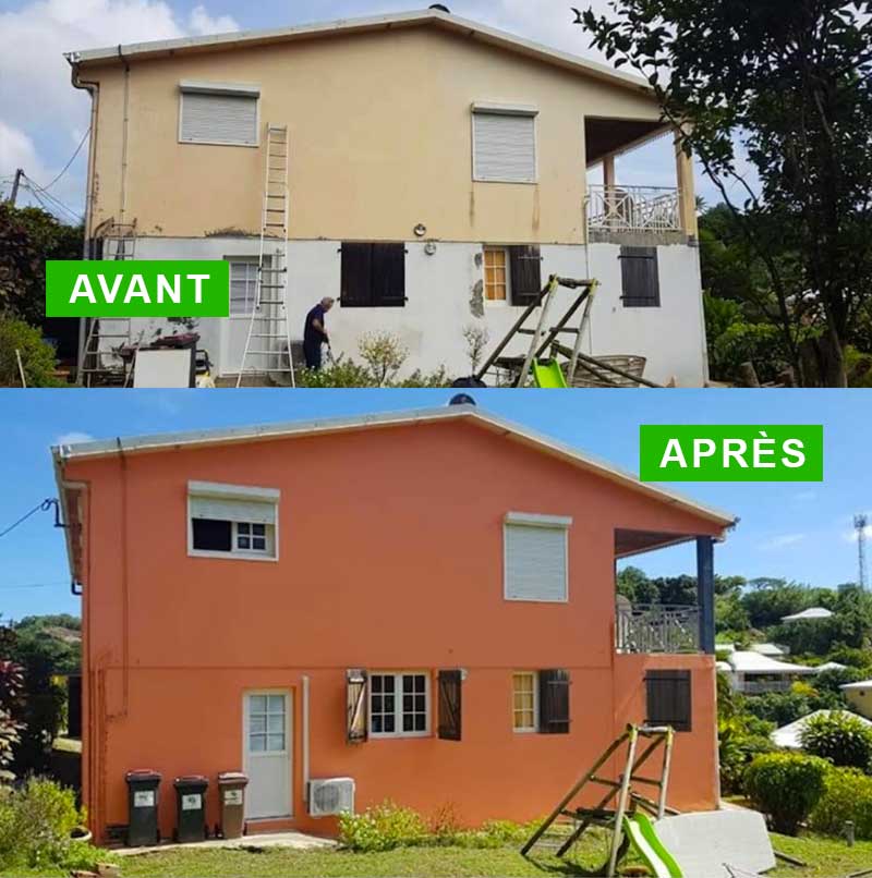 Ravalement façade - Rénova'tech 974 Peintre dans l'île de la réunion 974 : Nettoyage et traitement anti-mousse façade. Ravalement peinture façadeboiserie et ferronnerie. Nettoyage des extérieurs. Nettoyage allée, dallage, terrasse, muret, portail …
